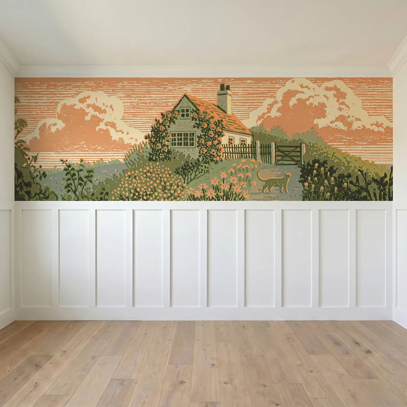 Full panel view of Block Print Cottage Garden Wainscoting Wallpaper by Whimsy Tots