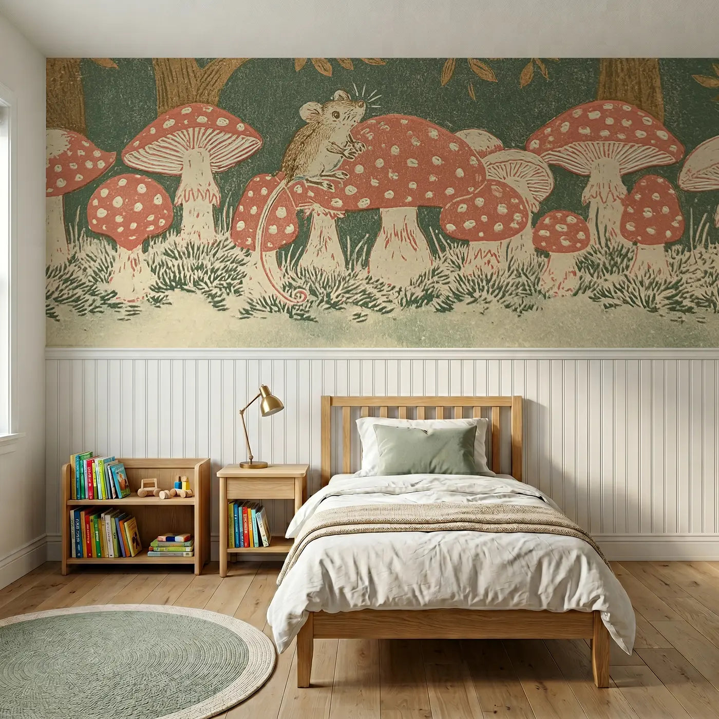 Block Print carved toadstool fairy ring wainscoting wallpaper for nursery by Whimsy Tots