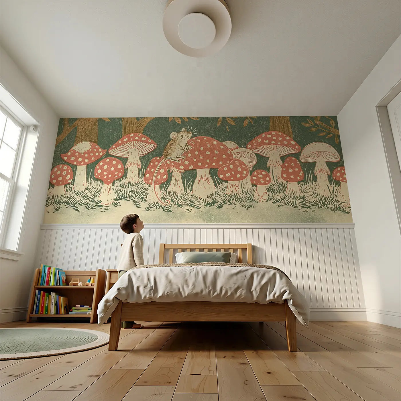 Child reading near Carved Toadstool Fairy Ring Wainscoting Wallpaper by Whimsy Tots