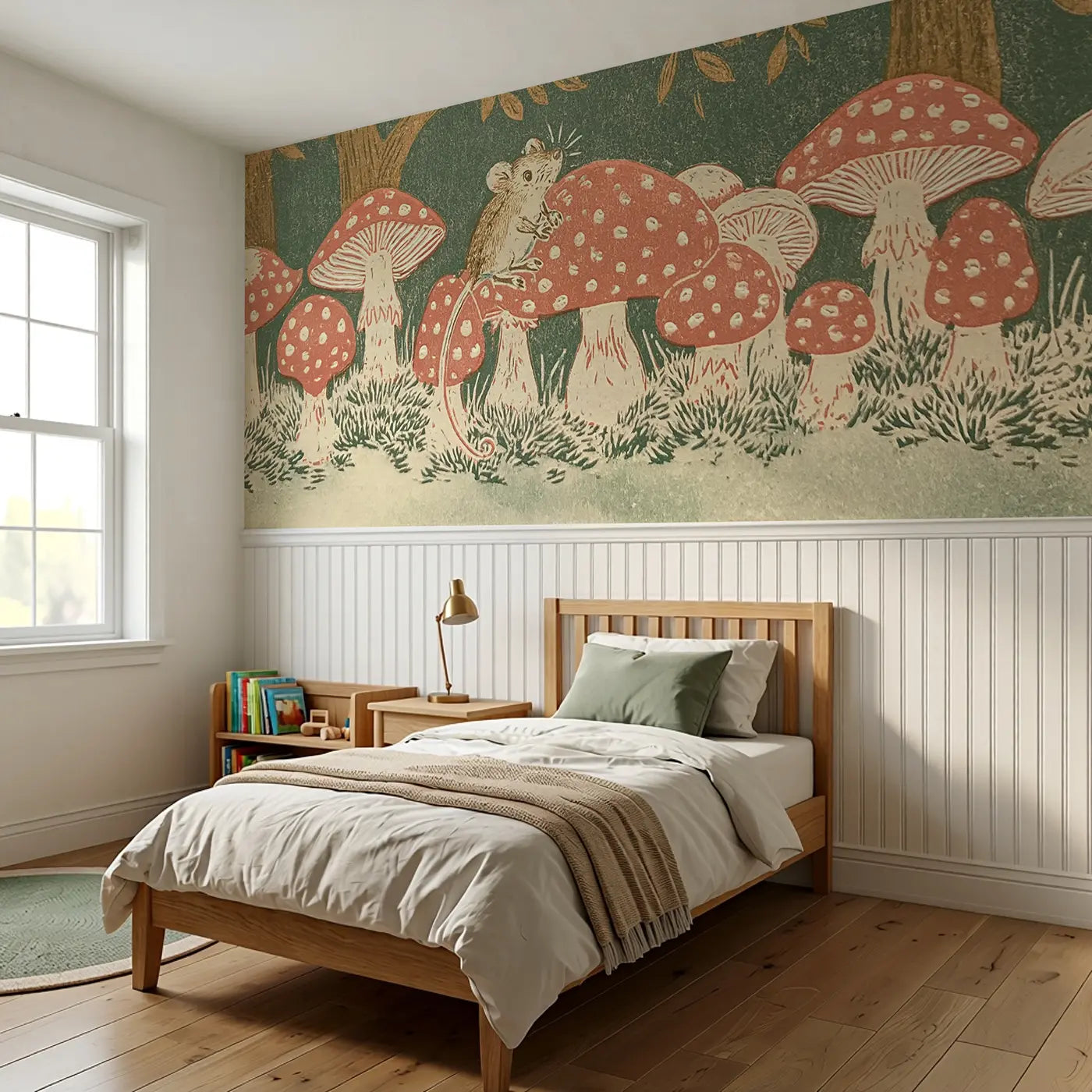 Carved Toadstool Fairy Ring Wainscoting Wallpaper styled in a kids bedroom by Whimsy Tots