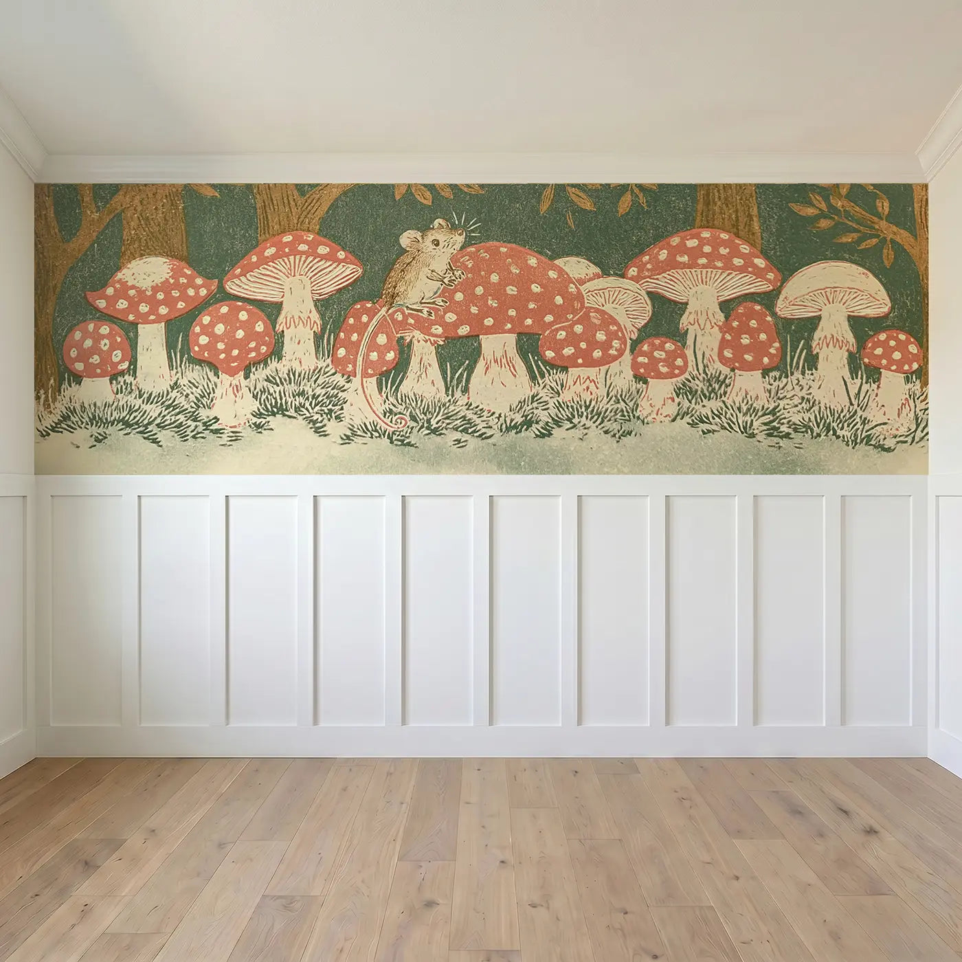 Full panel view of Carved Toadstool Fairy Ring Wainscoting Wallpaper by Whimsy Tots