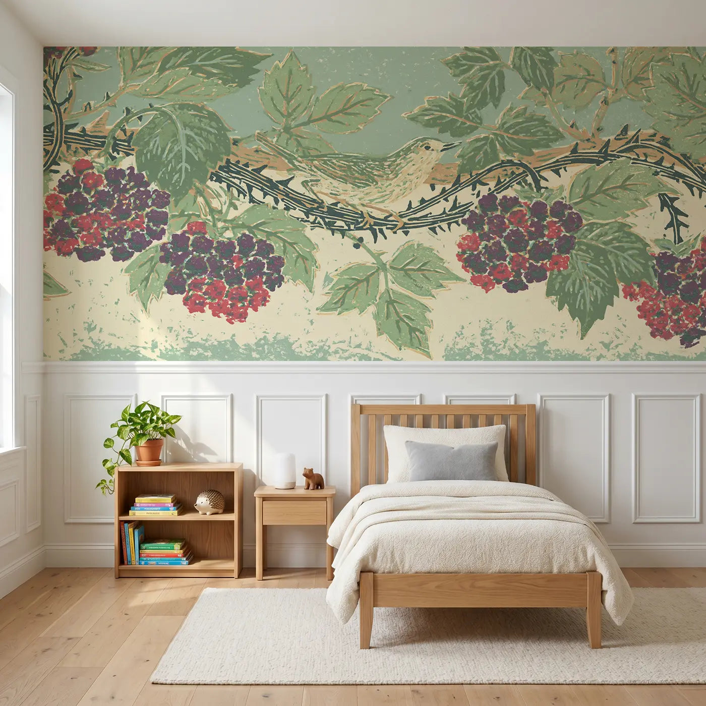 Block Print linocut bramble berry band wainscoting wallpaper for bedroom by Whimsy Tots