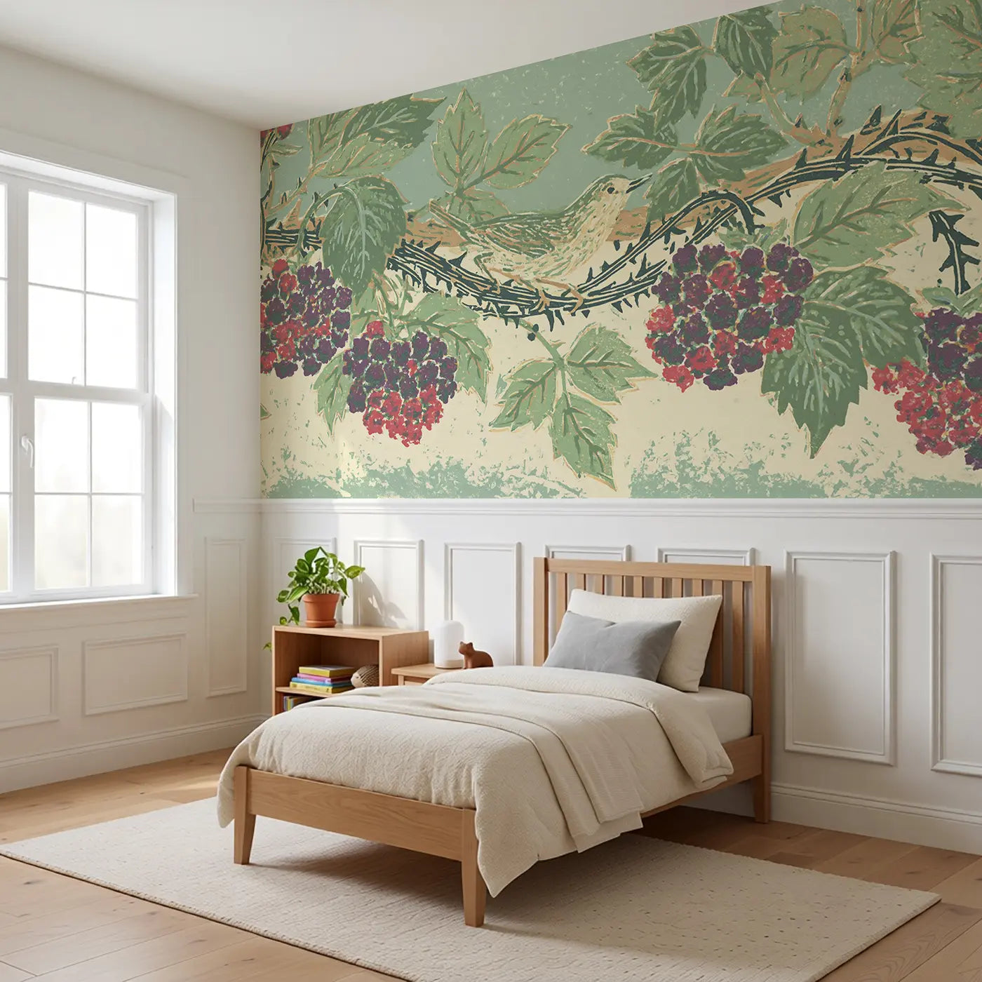 Linocut Bramble Berry Band Wainscoting Wallpaper styled in a kids bedroom by Whimsy Tots