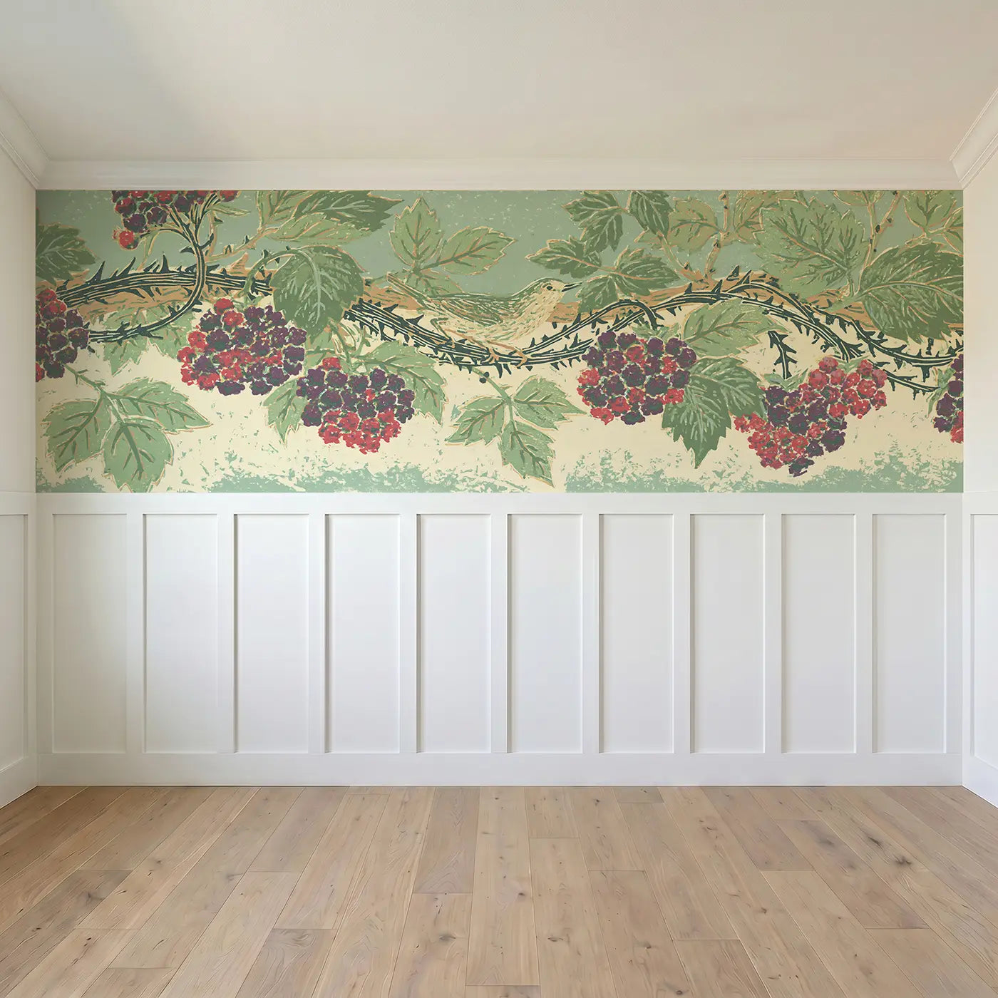 Full panel view of Linocut Bramble Berry Band Wainscoting Wallpaper by Whimsy Tots
