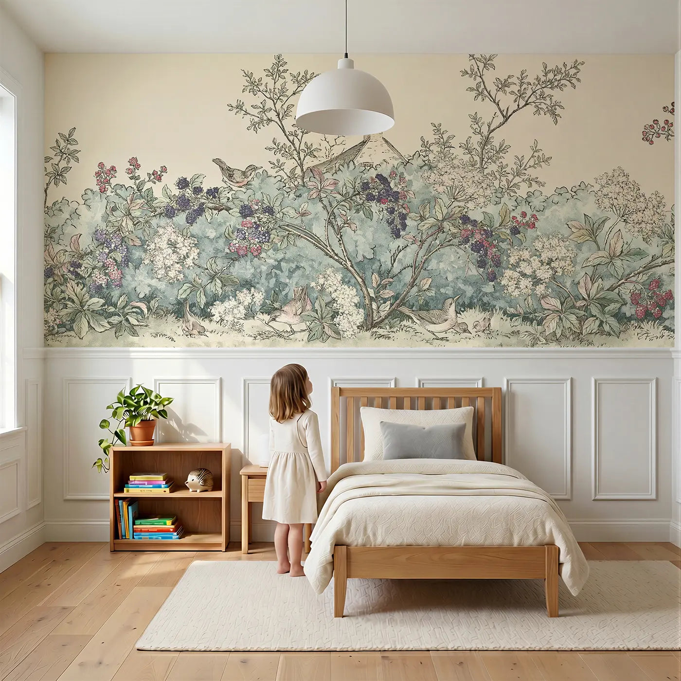 Child reading near Berry Hedge Cottage Toile Wainscoting Wallpaper by Whimsy Tots