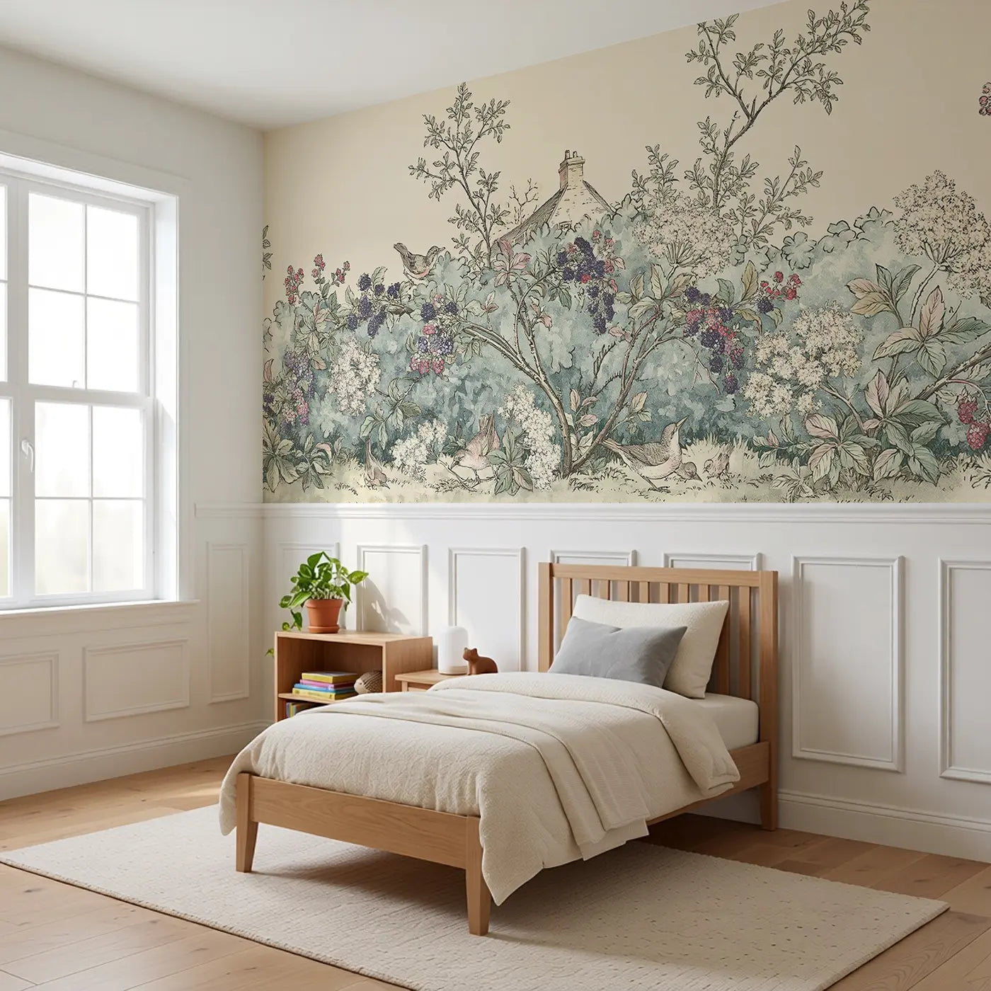 Berry Hedge Cottage Toile Wainscoting Wallpaper styled in a kids bedroom by Whimsy Tots