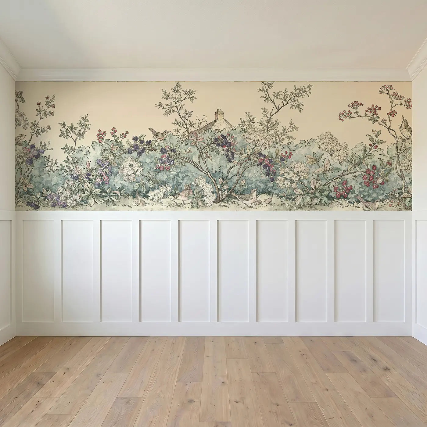 Full panel view of Berry Hedge Cottage Toile Wainscoting Wallpaper by Whimsy Tots