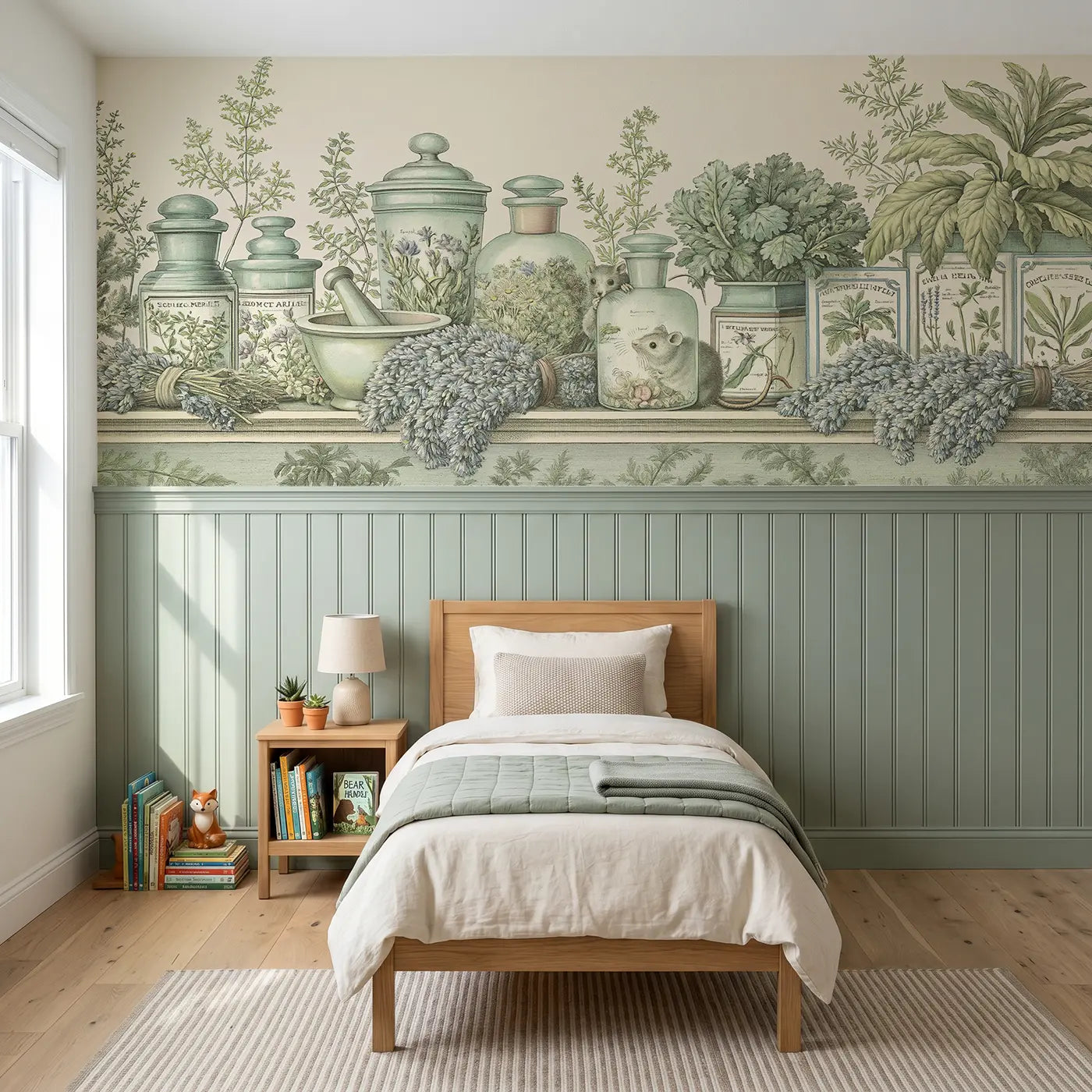 Botanical Elegance herb apothecary shelf toile wainscoting wallpaper for bedroom by Whimsy Tots