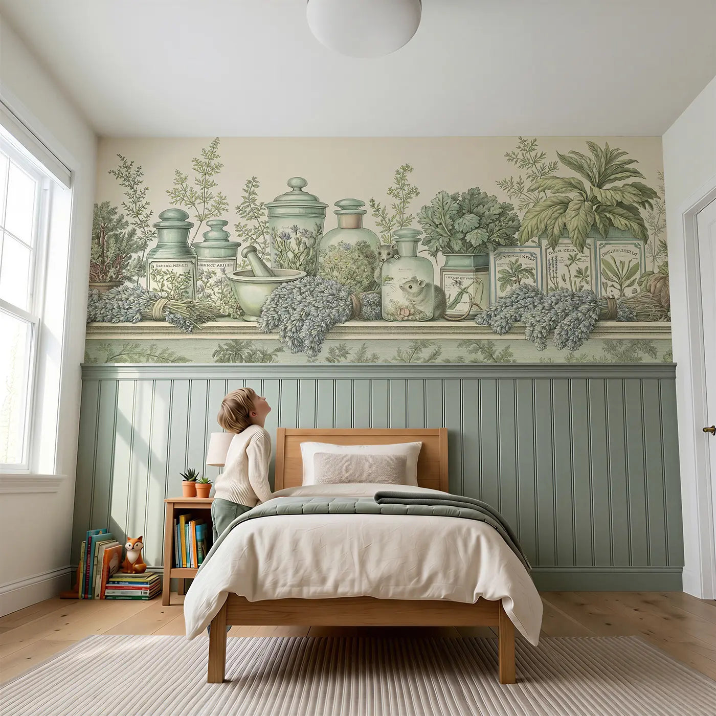 Child reading near Herb Apothecary Shelf Toile Wainscoting Wallpaper by Whimsy Tots