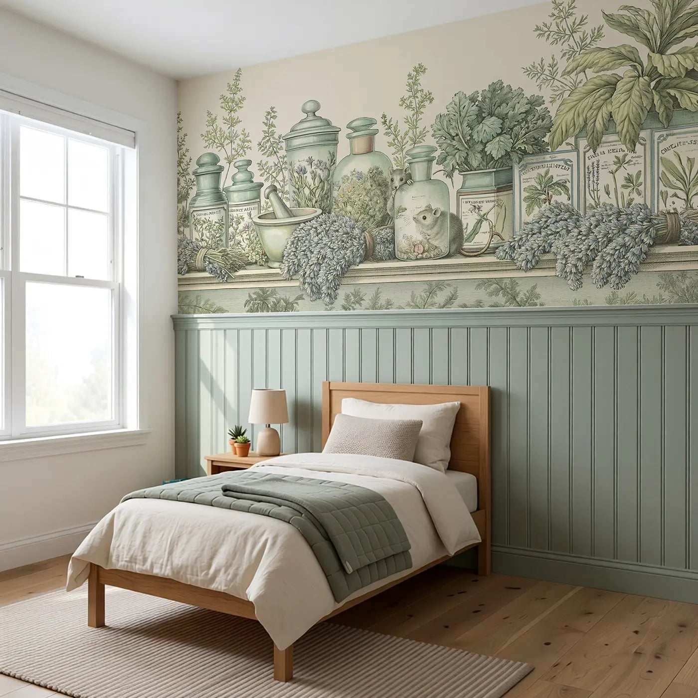Herb Apothecary Shelf Toile Wainscoting Wallpaper styled in a kids bedroom by Whimsy Tots