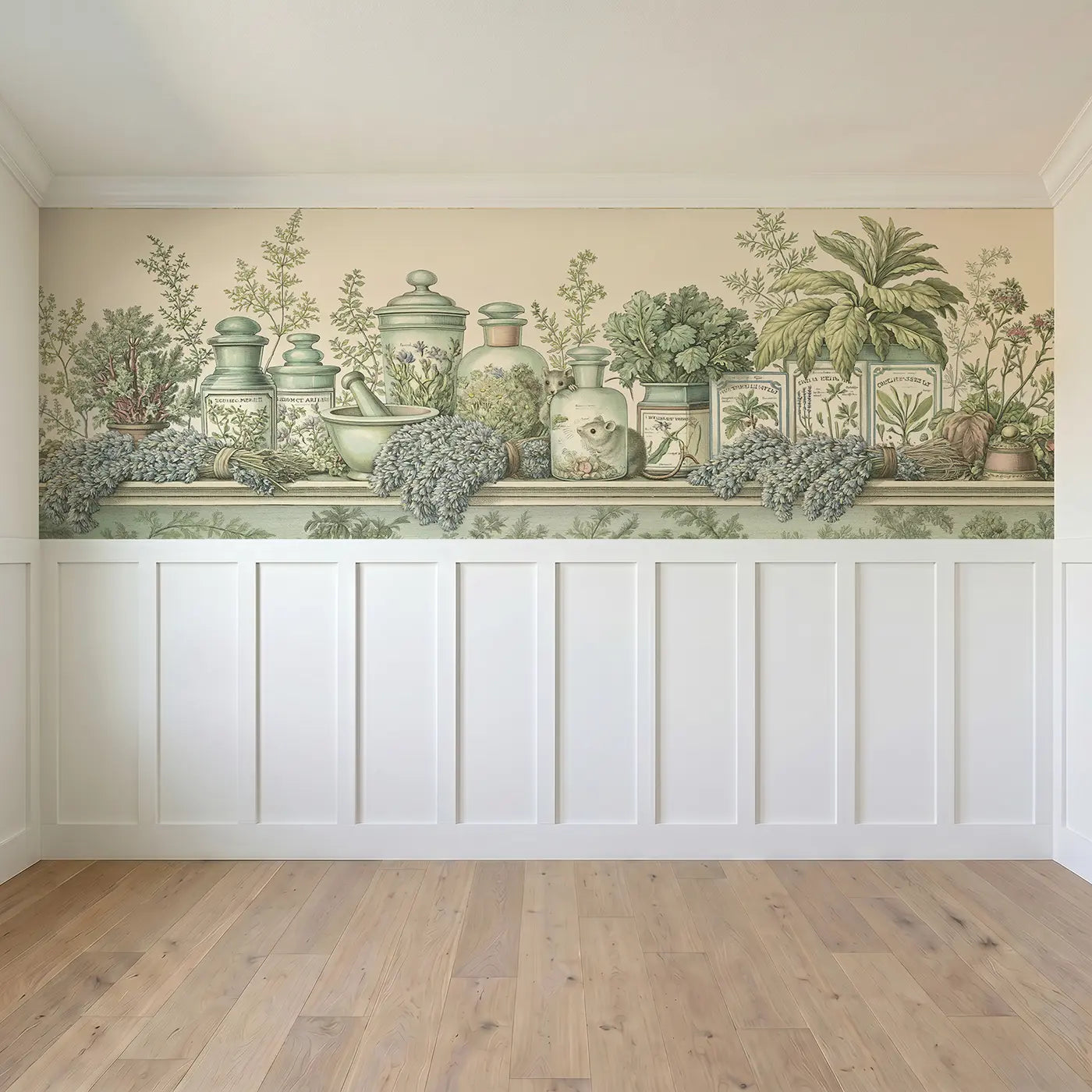 Full panel view of Herb Apothecary Shelf Toile Wainscoting Wallpaper by Whimsy Tots