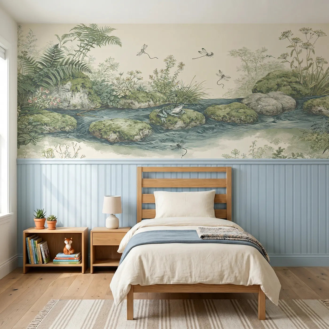 Botanical Elegance stream stepping stone toile wainscoting wallpaper for nursery by Whimsy Tots