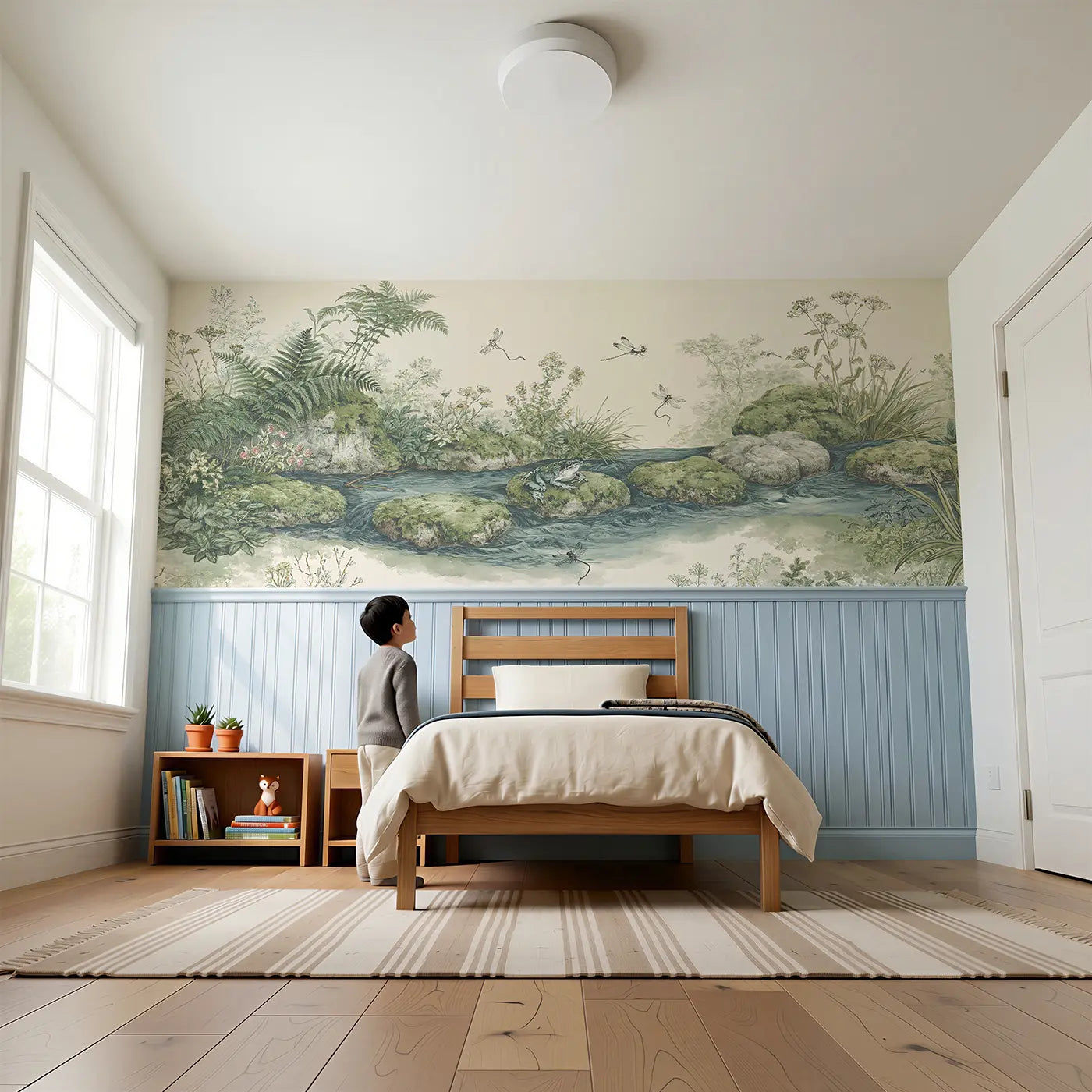Child reading near Stream Stepping Stone Toile Wainscoting Wallpaper by Whimsy Tots