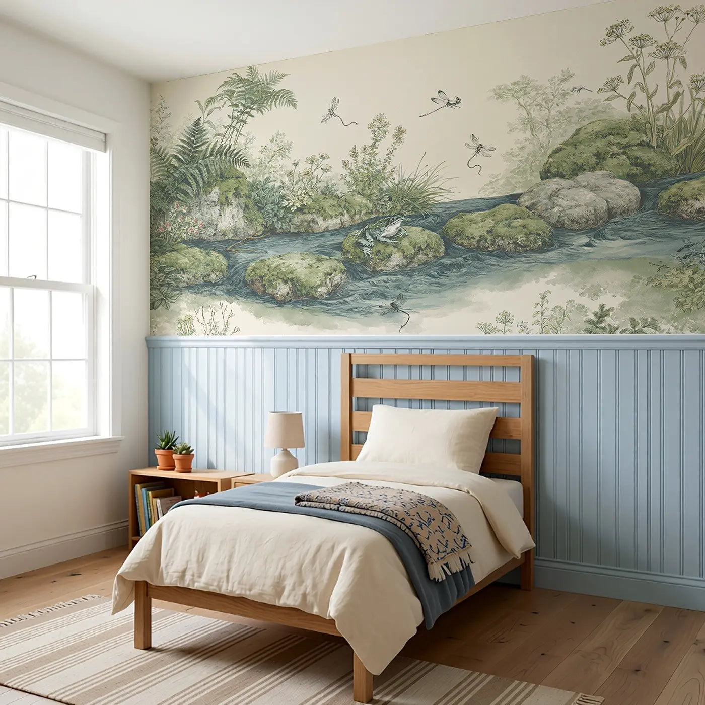 Stream Stepping Stone Toile Wainscoting Wallpaper styled in a kids bedroom by Whimsy Tots
