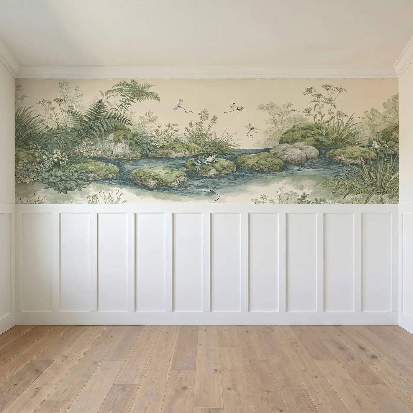 Full panel view of Stream Stepping Stone Toile Wainscoting Wallpaper by Whimsy Tots