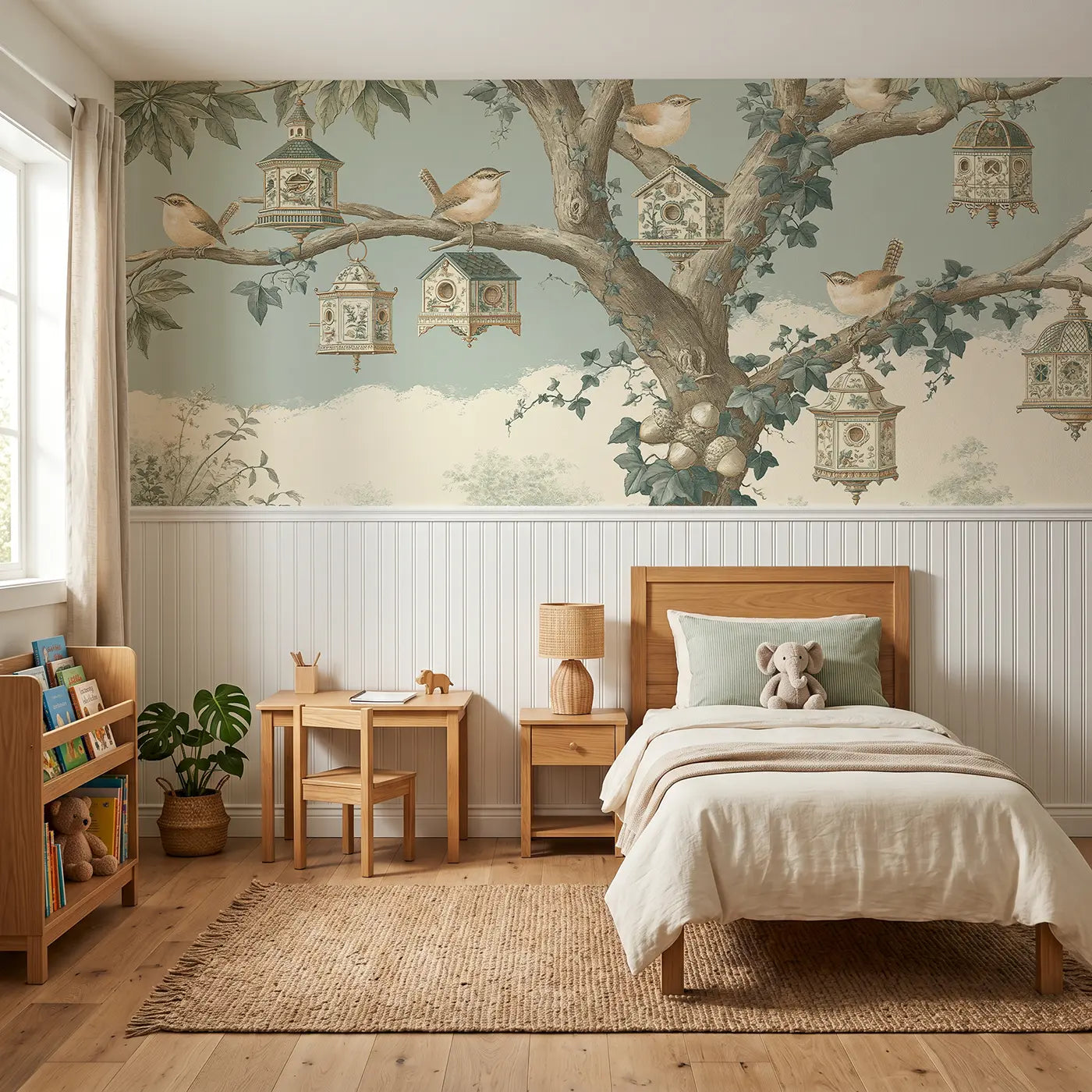 Botanical Elegance wren birdhouse tree toile wainscoting wallpaper for nursery by Whimsy Tots