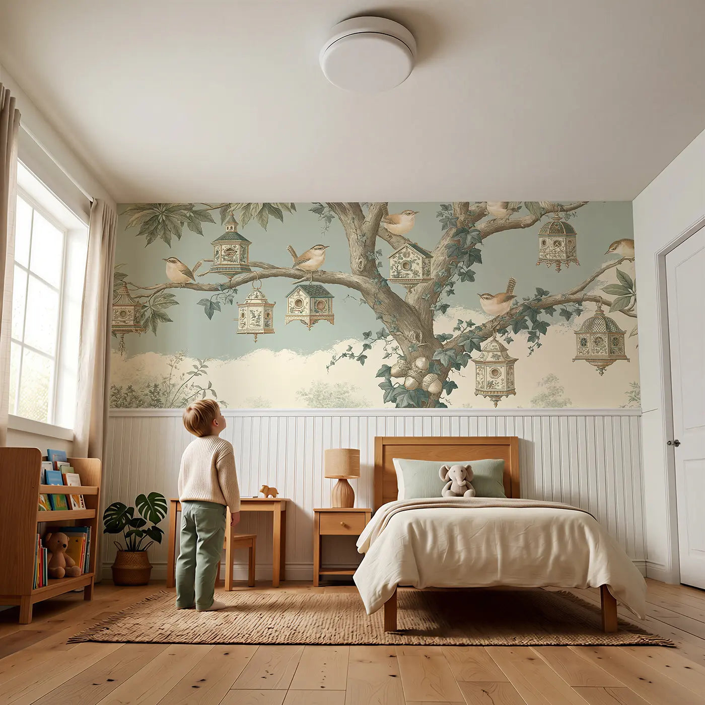 Child reading near Wren Birdhouse Tree Toile Wainscoting Wallpaper by Whimsy Tots