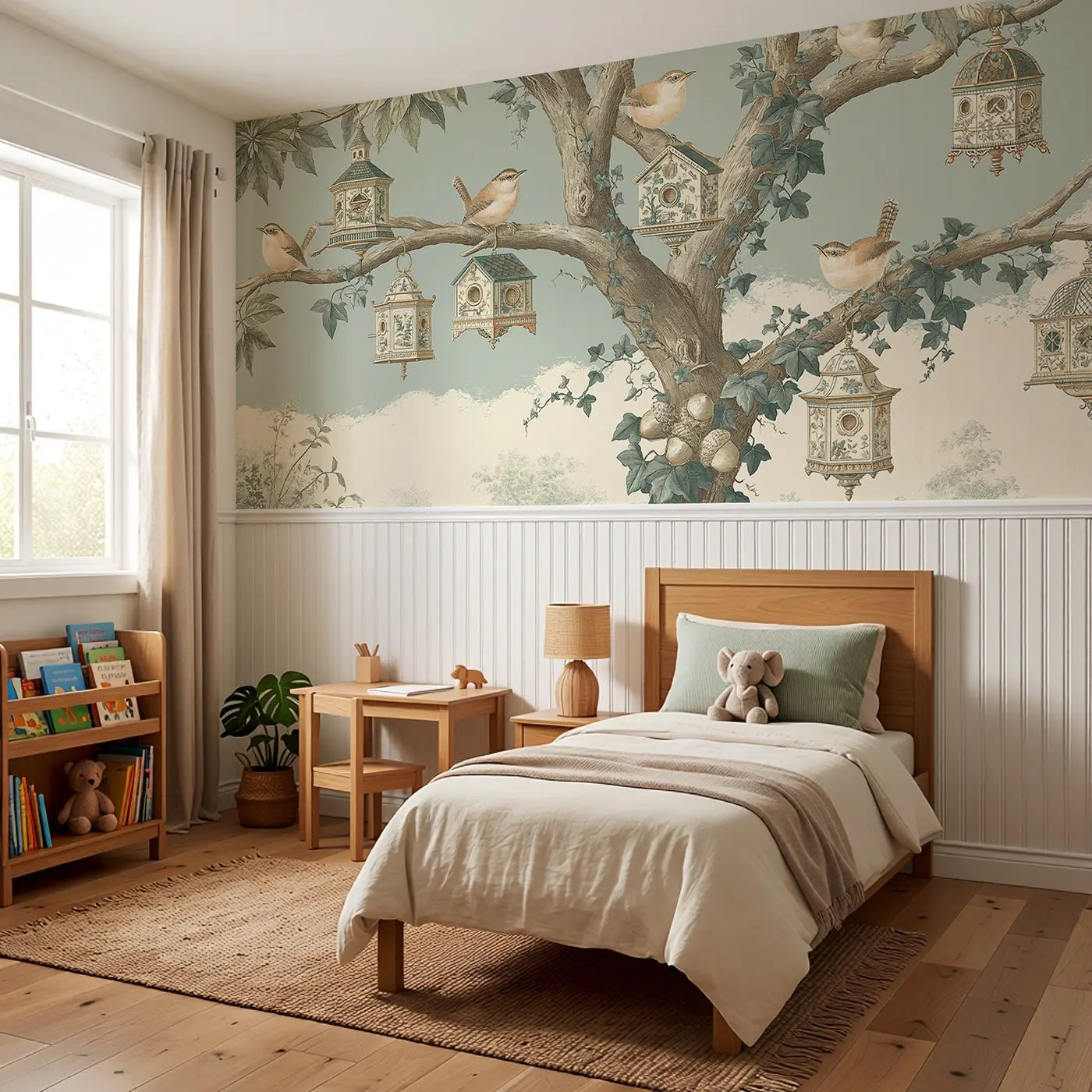 Wren Birdhouse Tree Toile Wainscoting Wallpaper styled in a kids bedroom by Whimsy Tots