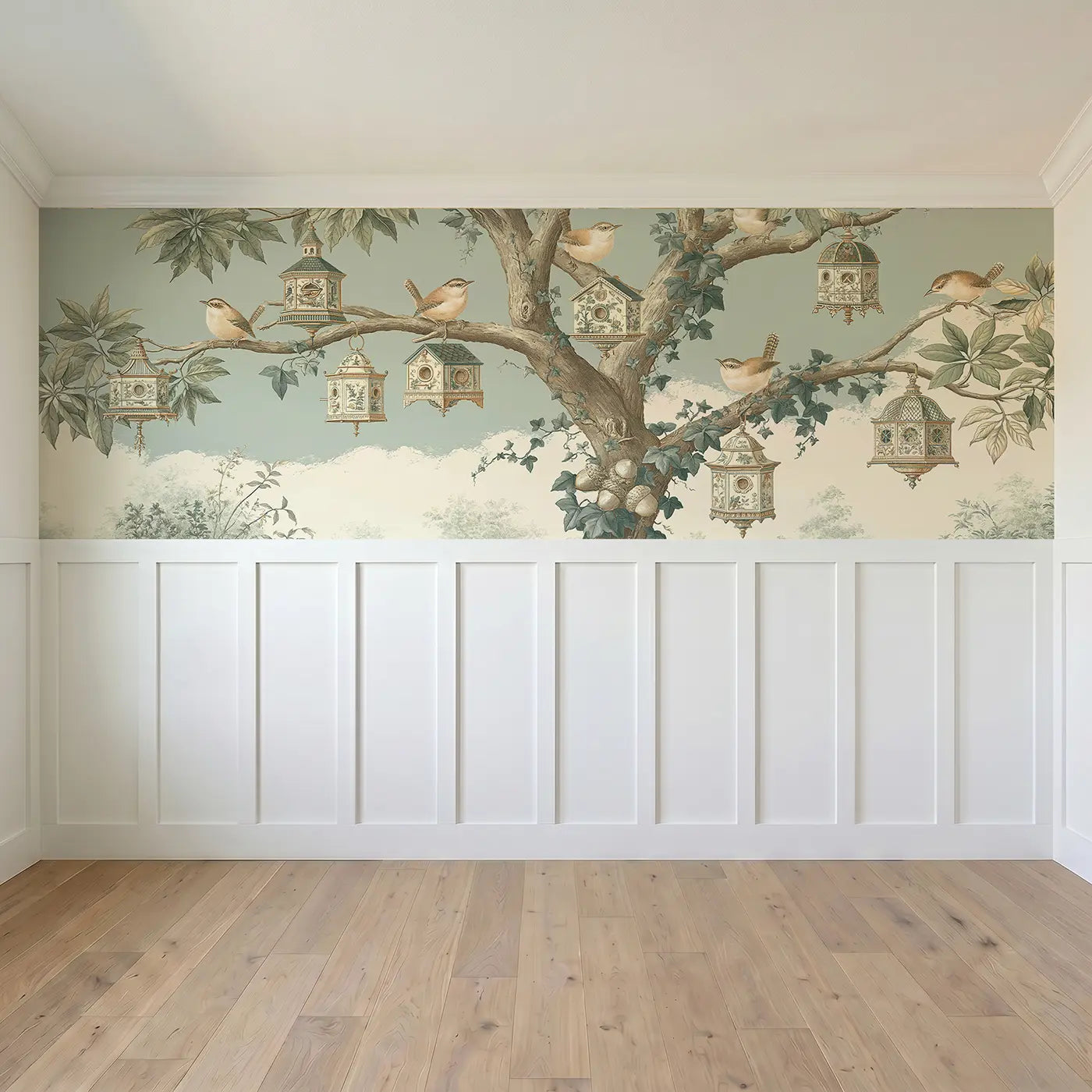 Full panel view of Wren Birdhouse Tree Toile Wainscoting Wallpaper by Whimsy Tots
