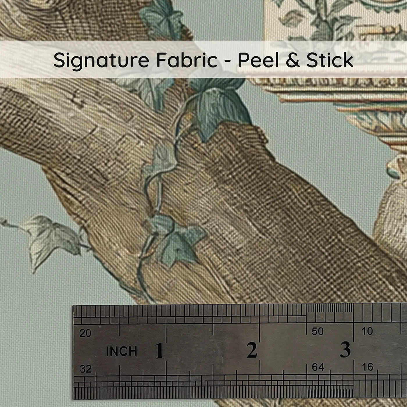 Fabric texture close-up of Wren Birdhouse Tree Toile Wainscoting Wallpaper by Whimsy Tots
