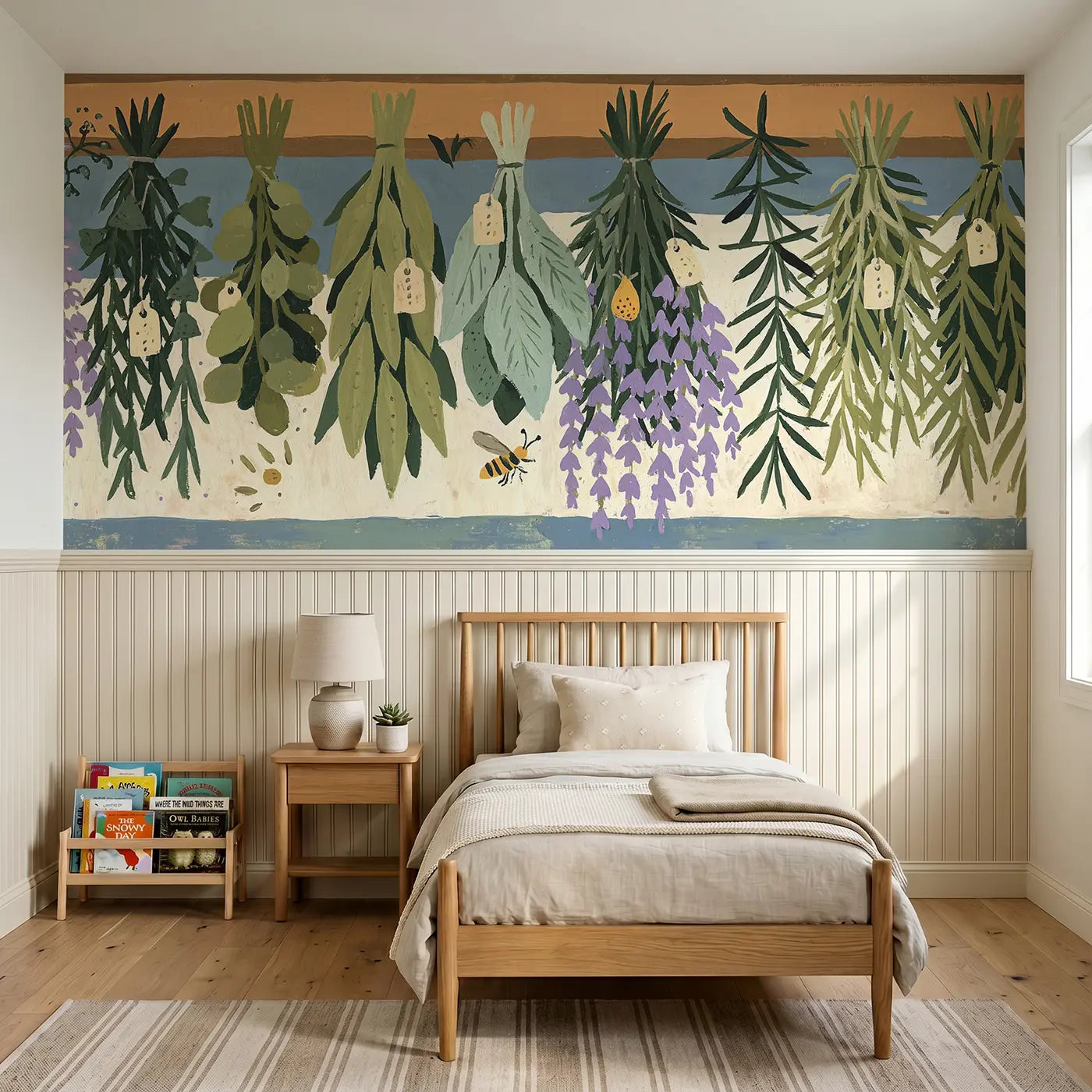 Modern Illustration graphic herb drying rack wainscoting wallpaper for bedroom by Whimsy Tots