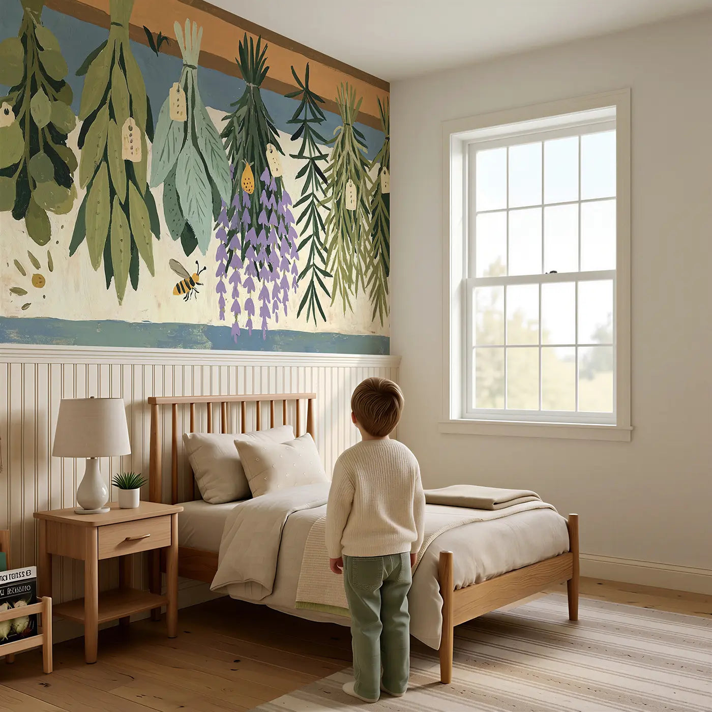 Child reading near Graphic Herb Drying Rack Wainscoting Wallpaper by Whimsy Tots