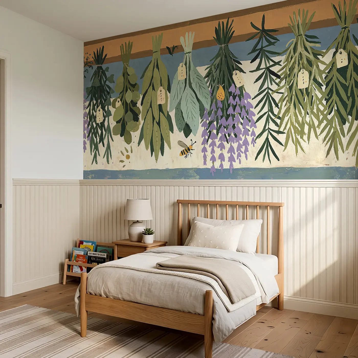 Graphic Herb Drying Rack Wainscoting Wallpaper styled in a kids bedroom by Whimsy Tots