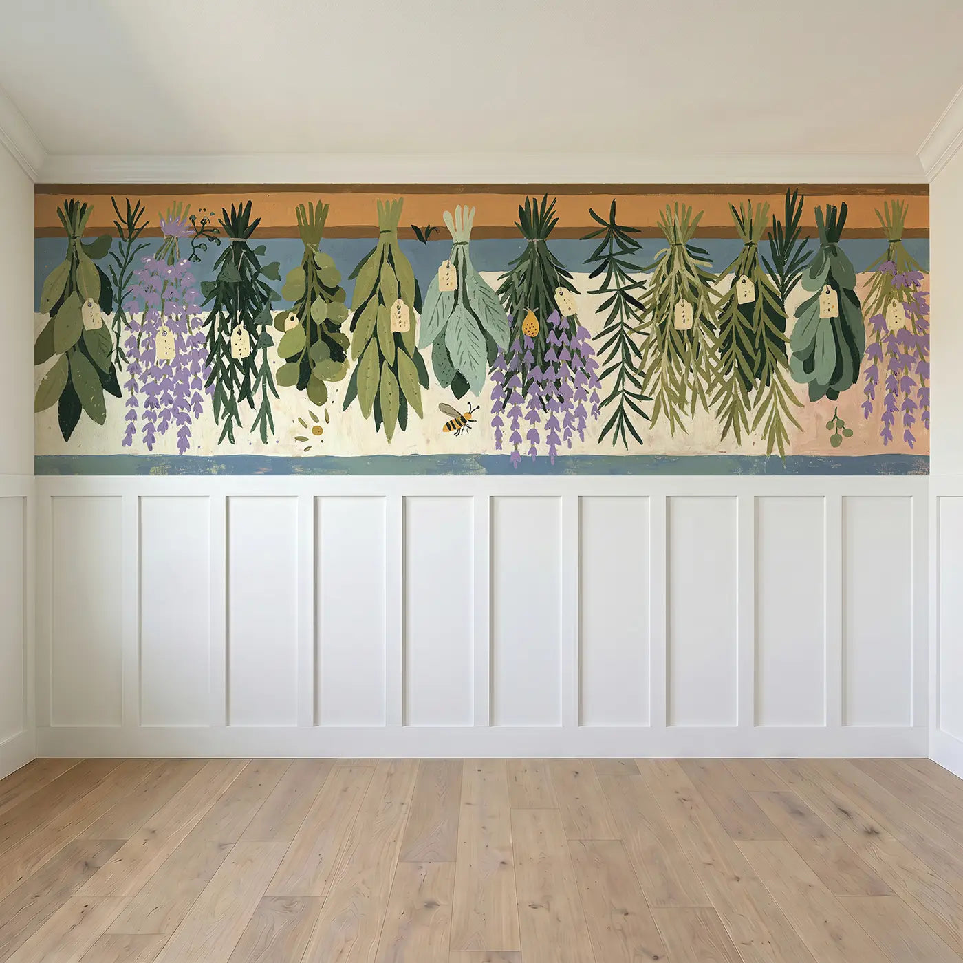 Full panel view of Graphic Herb Drying Rack Wainscoting Wallpaper by Whimsy Tots