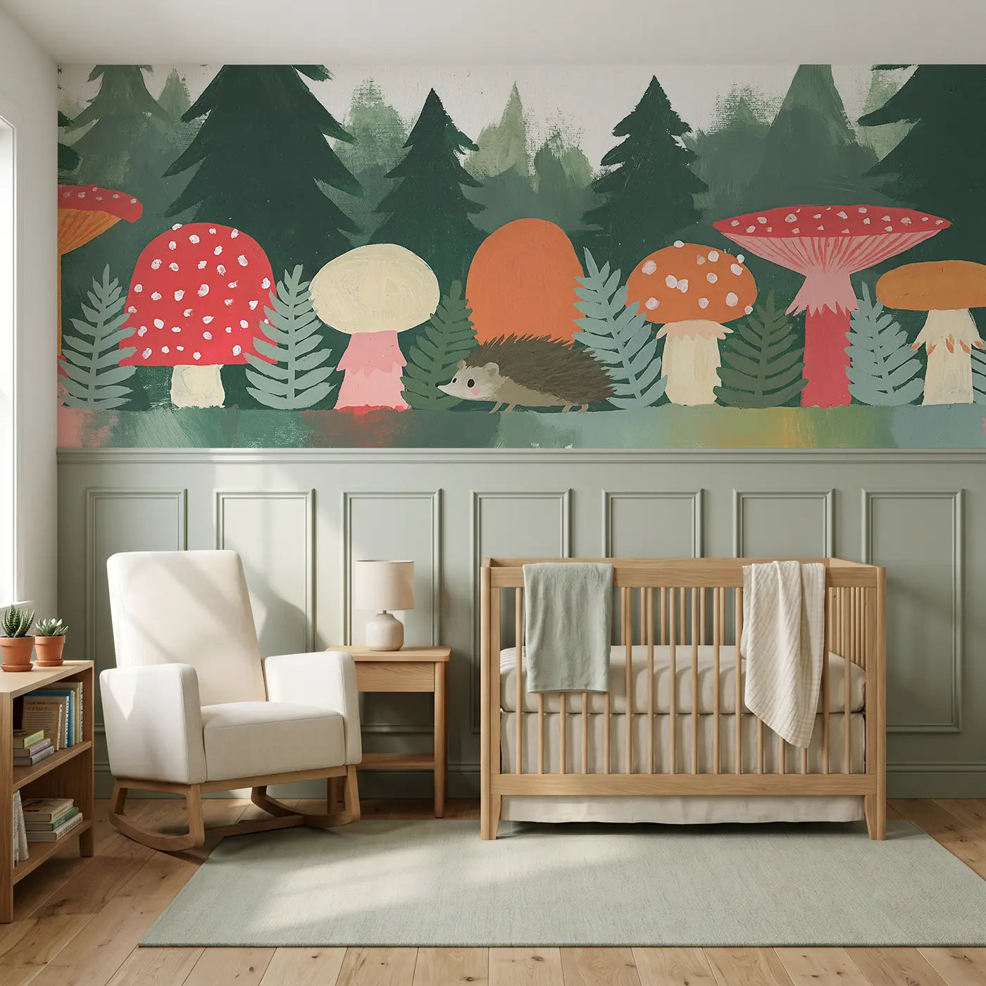 Modern Illustration flat toadstool forest band wainscoting wallpaper for nursery by Whimsy Tots