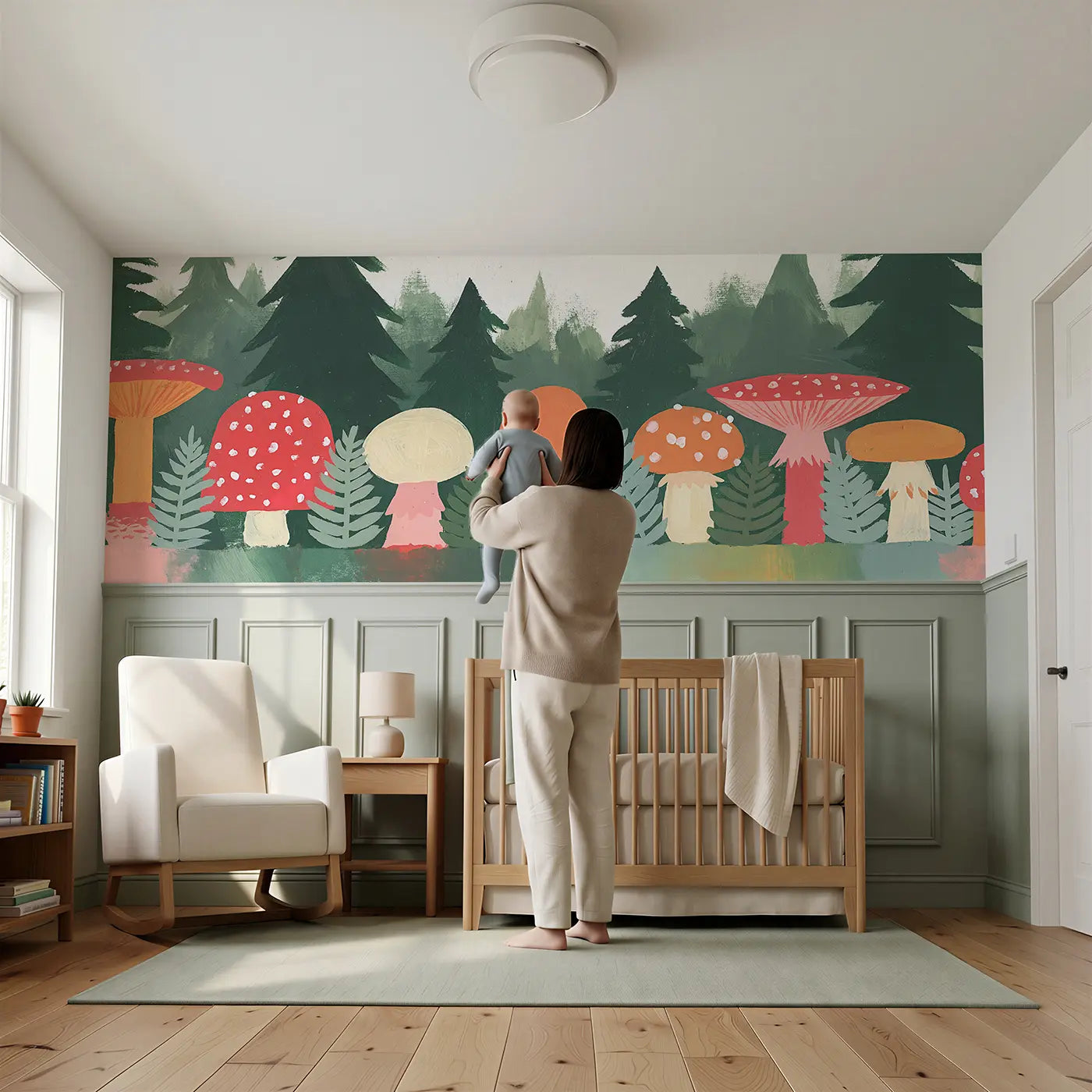 Child reading near Flat Toadstool Forest Band Wainscoting Wallpaper by Whimsy Tots
