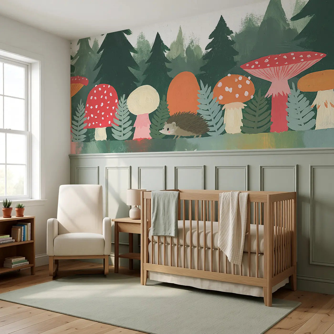 Flat Toadstool Forest Band Wainscoting Wallpaper styled in a kids bedroom by Whimsy Tots