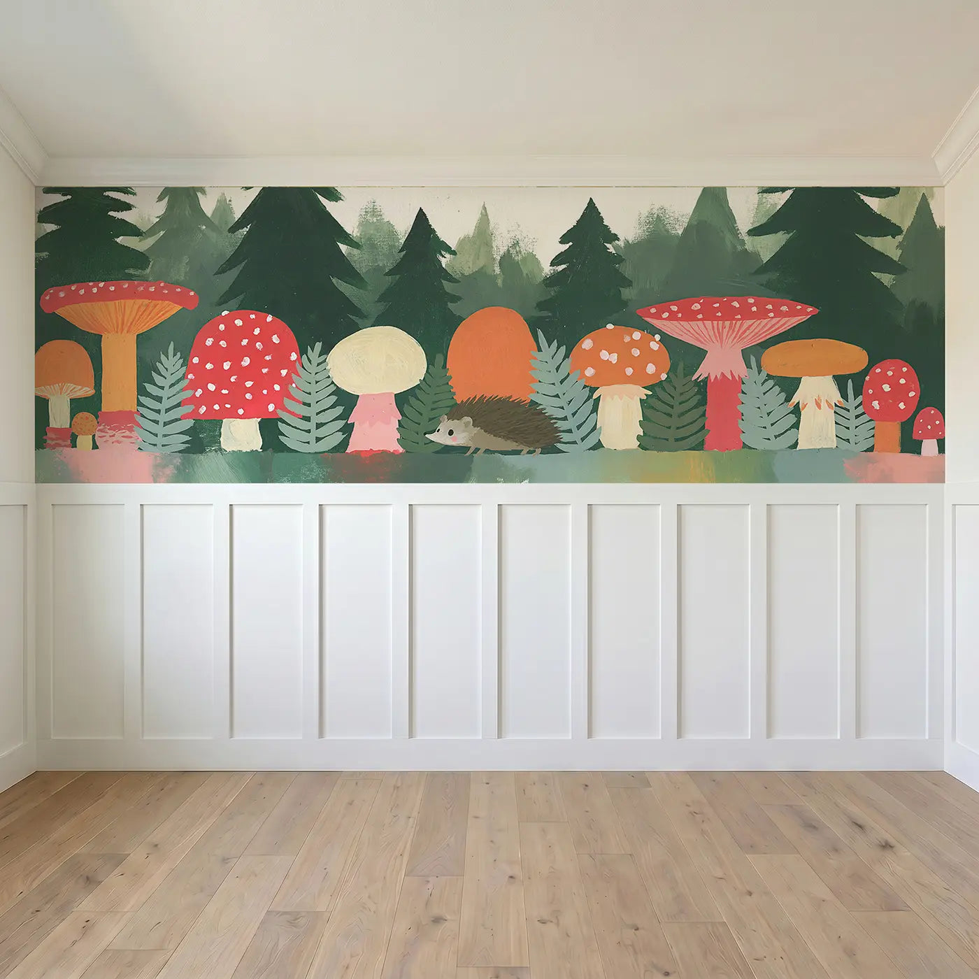 Full panel view of Flat Toadstool Forest Band Wainscoting Wallpaper by Whimsy Tots