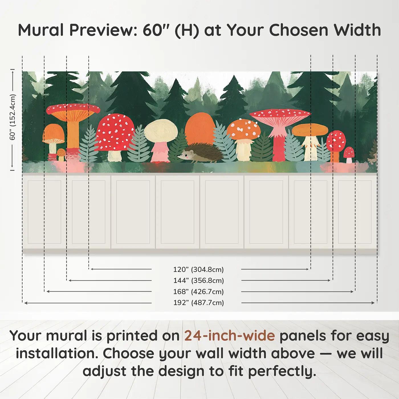Panel dimensions for Flat Toadstool Forest Band Wainscoting Wallpaper by Whimsy Tots