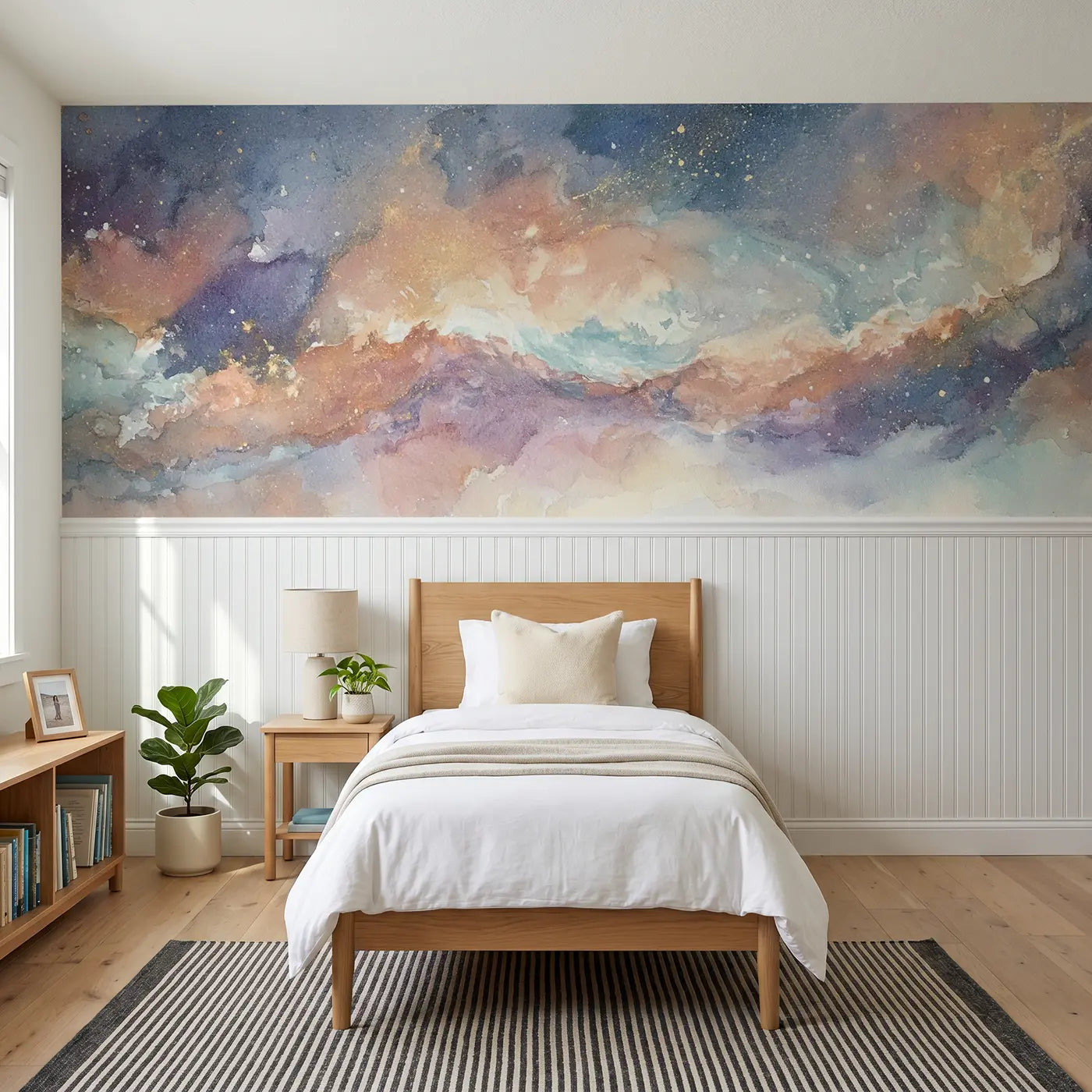 Watercolor nebula cloud star birth wainscoting wallpaper for bedroom by Whimsy Tots