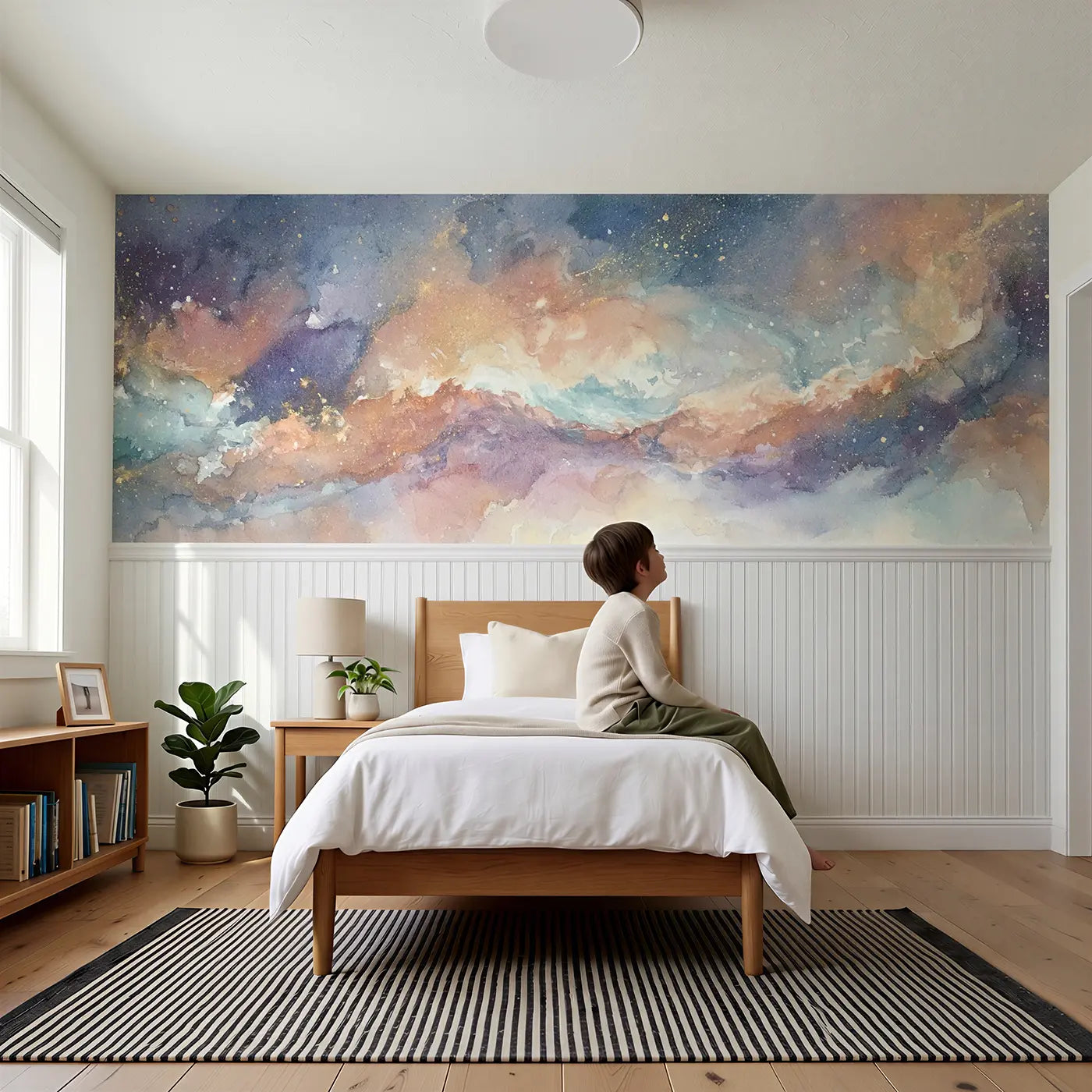 Child reading near Nebula Cloud Star Birth Wainscoting Wallpaper by Whimsy Tots