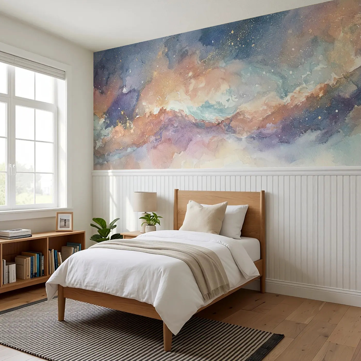 Nebula Cloud Star Birth Wainscoting Wallpaper styled in a kids bedroom by Whimsy Tots