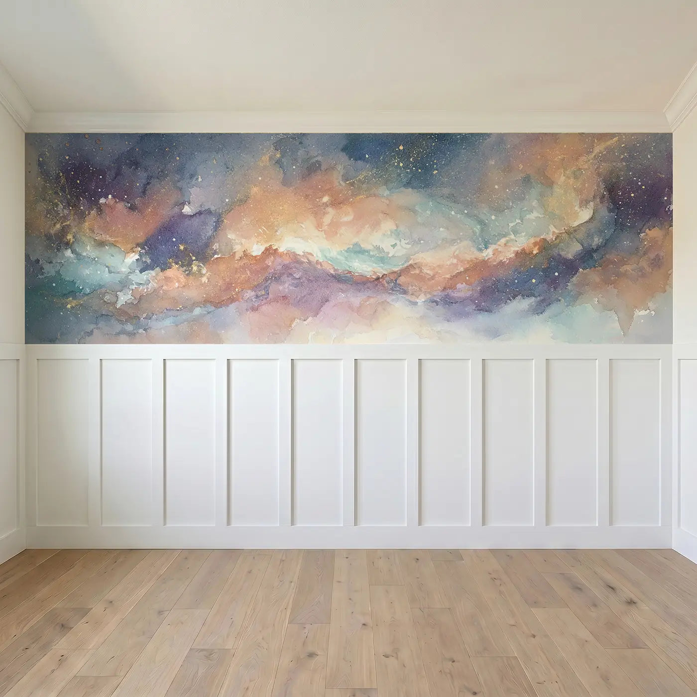 Full panel view of Nebula Cloud Star Birth Wainscoting Wallpaper by Whimsy Tots
