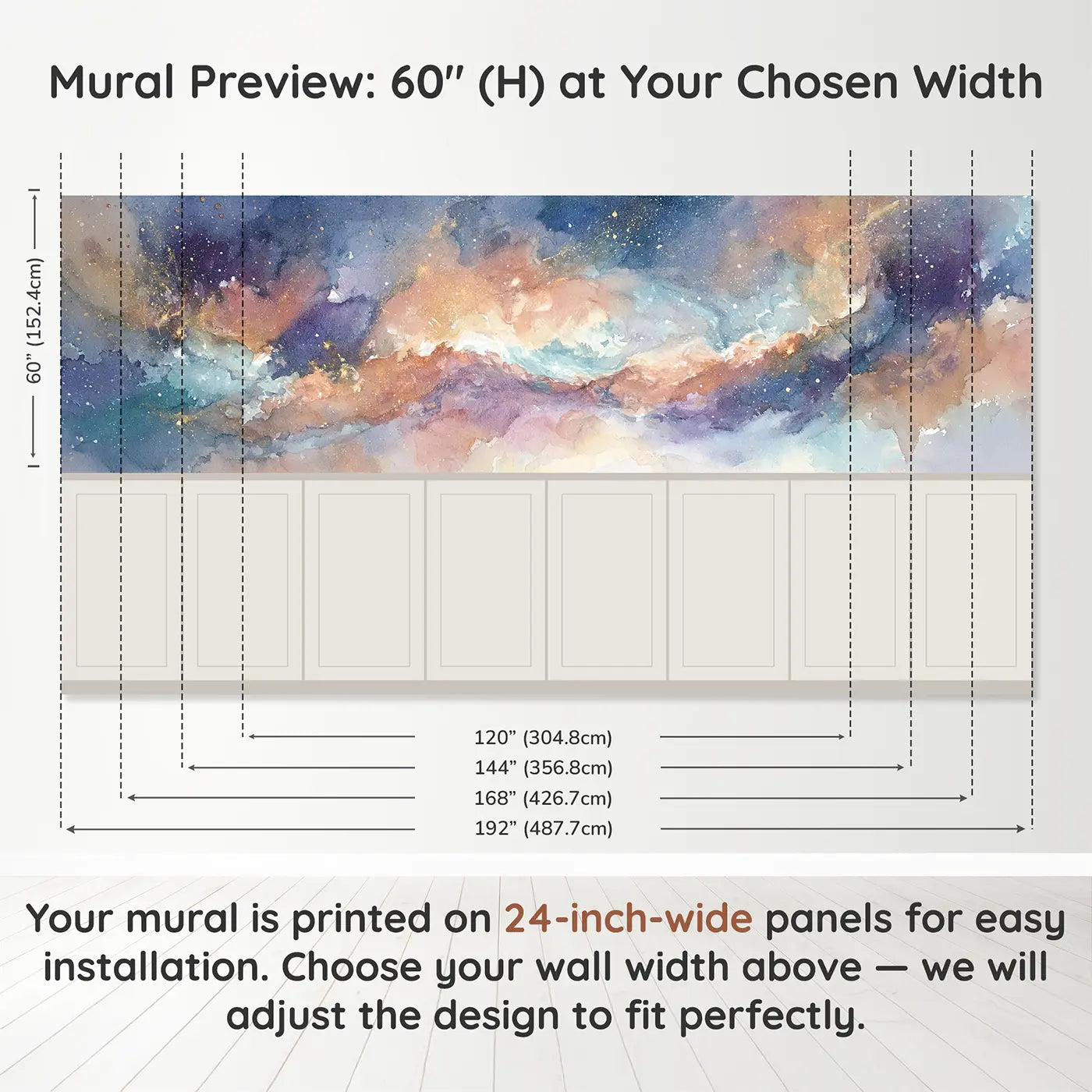 Panel dimensions for Nebula Cloud Star Birth Wainscoting Wallpaper by Whimsy Tots