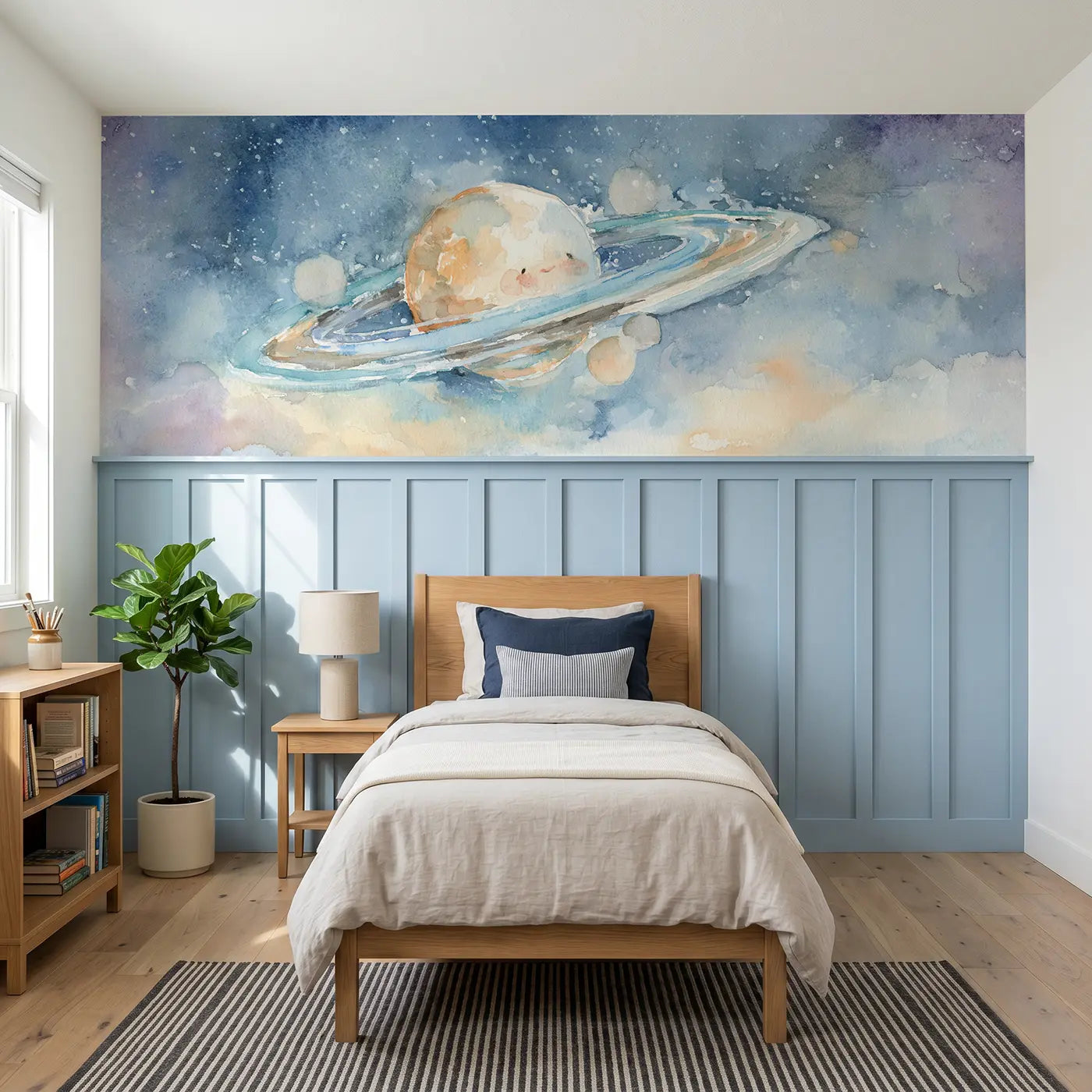 Watercolor planet ring float wainscoting wallpaper for bedroom by Whimsy Tots