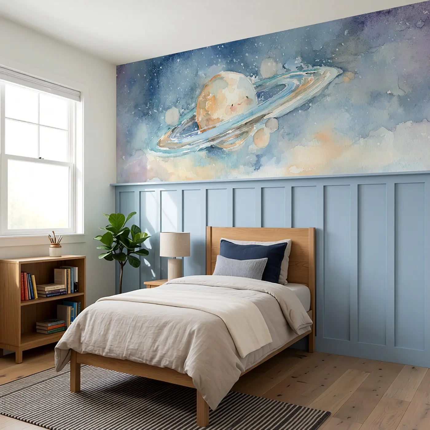 Planet Ring Watercolor Float Wainscoting Wallpaper styled in a kids bedroom by Whimsy Tots
