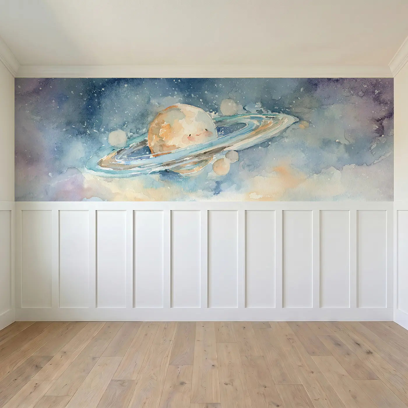 Full panel view of Planet Ring Watercolor Float Wainscoting Wallpaper by Whimsy Tots