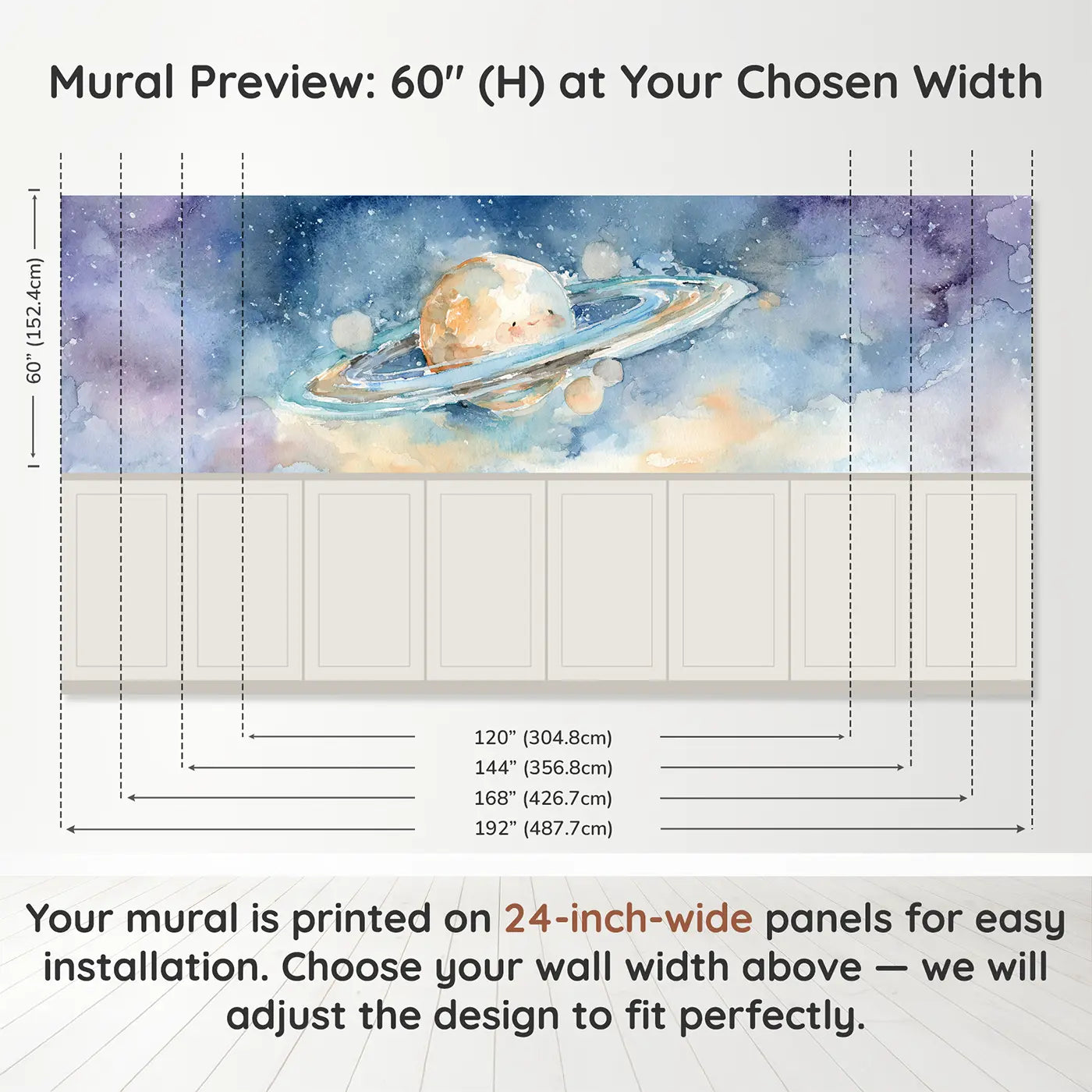 Panel dimensions for Planet Ring Watercolor Float Wainscoting Wallpaper by Whimsy Tots