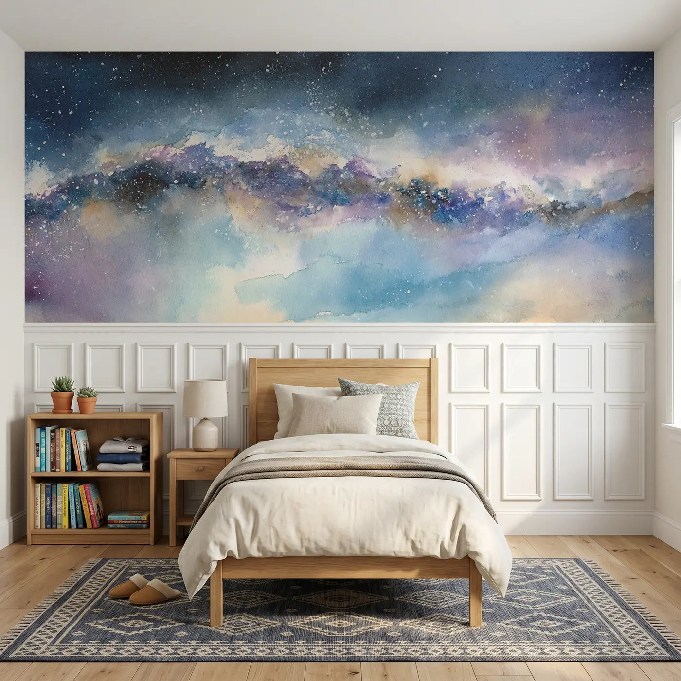 Watercolor milky way streak wainscoting wallpaper for bedroom by Whimsy Tots