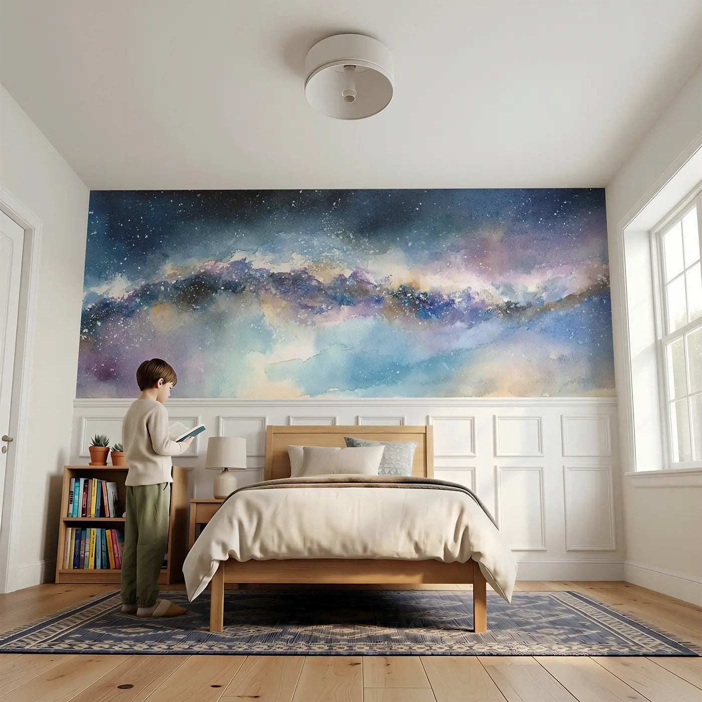 Child reading near Milky Way Watercolor Streak Wainscoting Wallpaper by Whimsy Tots