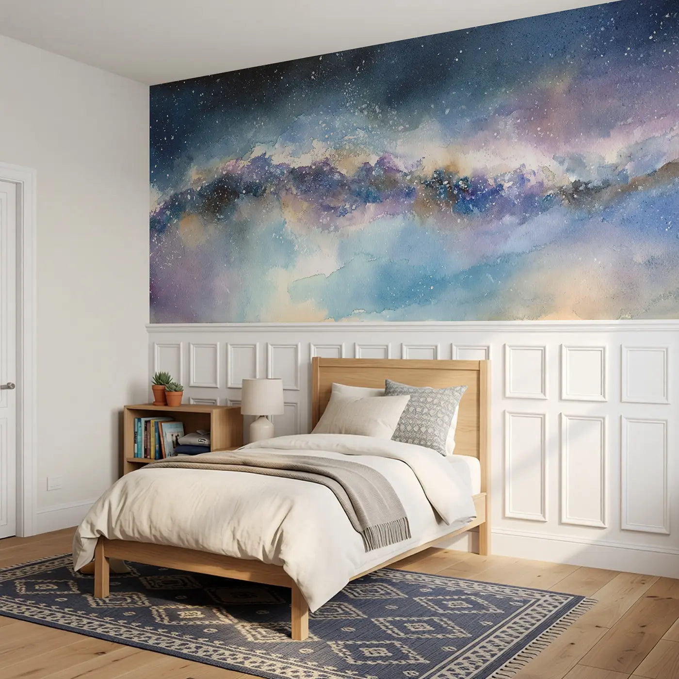 Milky Way Watercolor Streak Wainscoting Wallpaper styled in a kids bedroom by Whimsy Tots