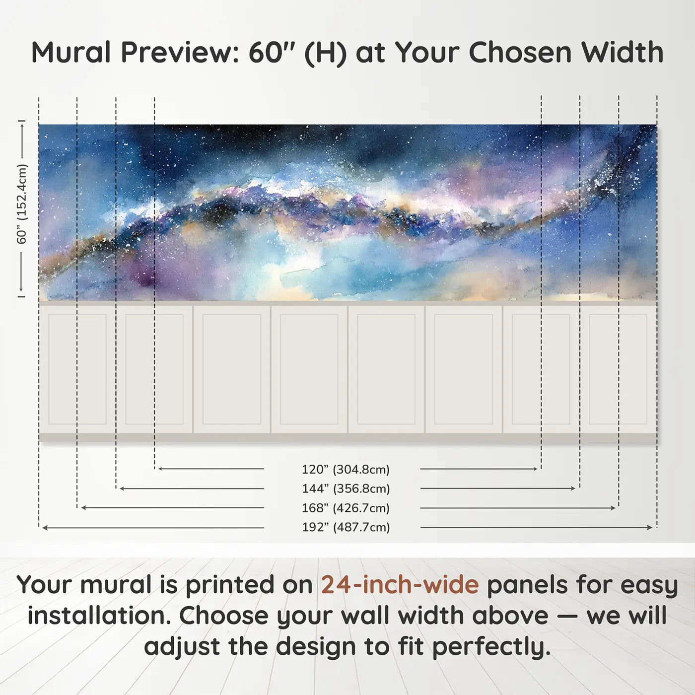Panel dimensions for Milky Way Watercolor Streak Wainscoting Wallpaper by Whimsy Tots