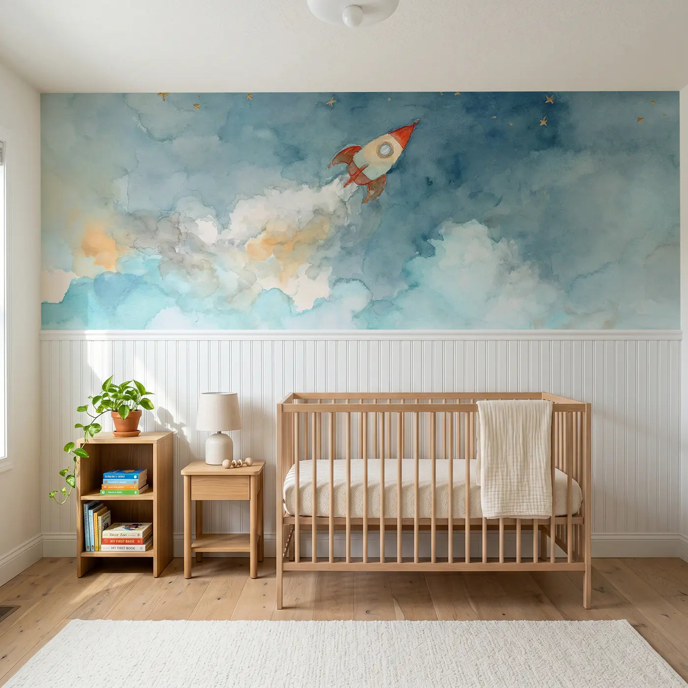 Watercolor rocket ship cloud launch wainscoting wallpaper for nursery by Whimsy Tots