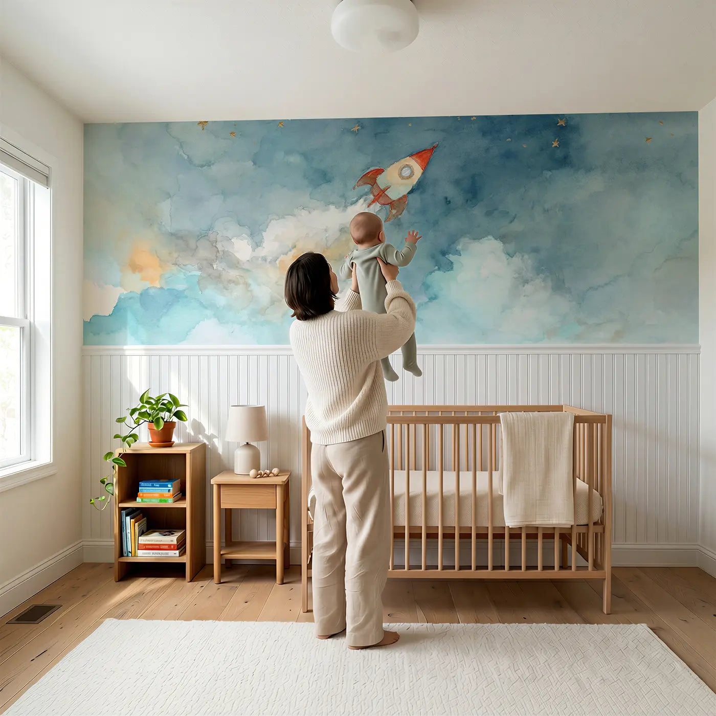 Child reading near Rocket Ship Cloud Launch Wainscoting Wallpaper by Whimsy Tots