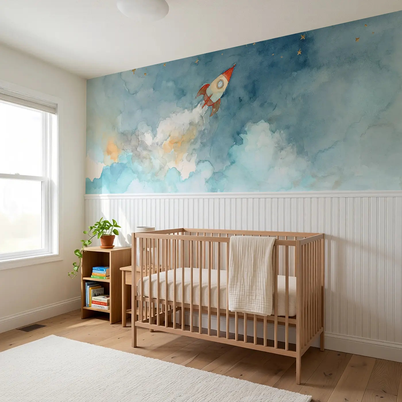 Rocket Ship Cloud Launch Wainscoting Wallpaper styled in a kids bedroom by Whimsy Tots