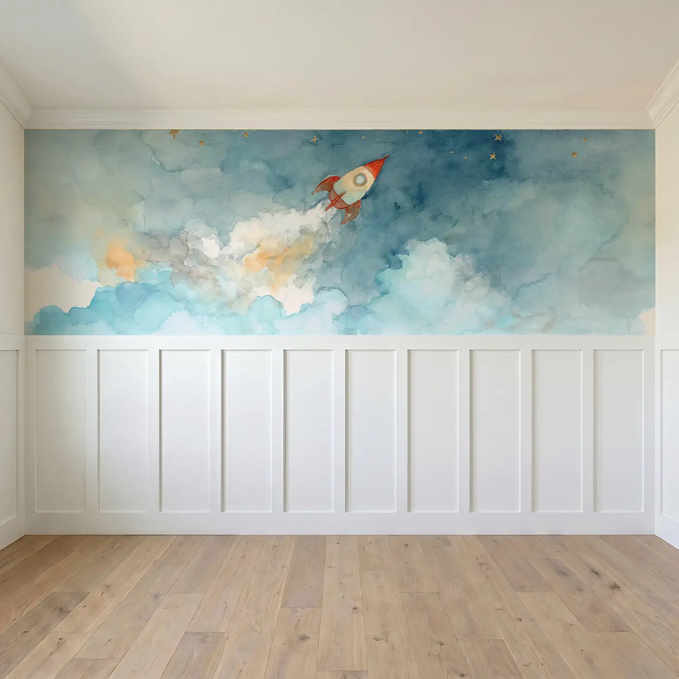 Full panel view of Rocket Ship Cloud Launch Wainscoting Wallpaper by Whimsy Tots